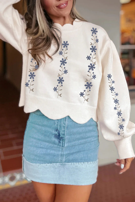 White Floral Embroidered Sweater